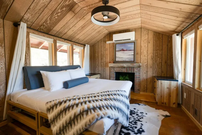 Cabin interior with modern amenities and desert views